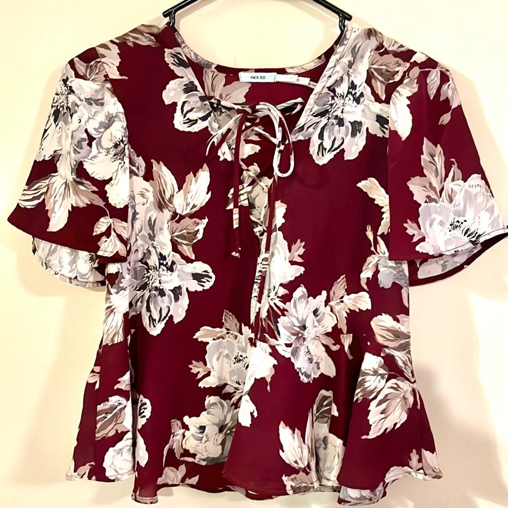 UO Kimchi Blue Maroon Floral Peplum Flutter Top